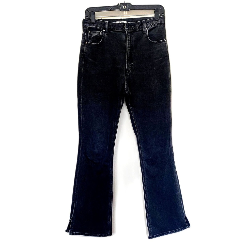 Sly Kick Flare Leg Jeans Black Wash Denim Split Hem High Rise Size 26 Waist